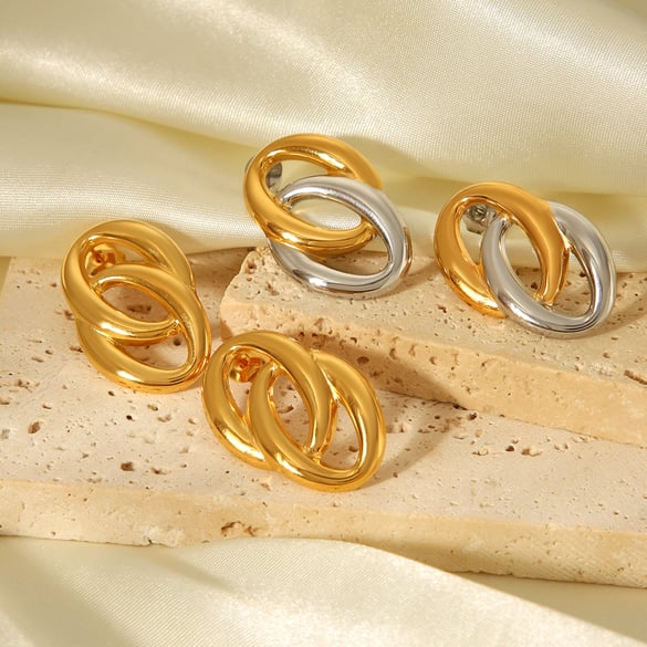 1 paire de boucles d&#39;oreilles à tige en acier inoxydable pour femme, couleurs or et argent mélangées 2