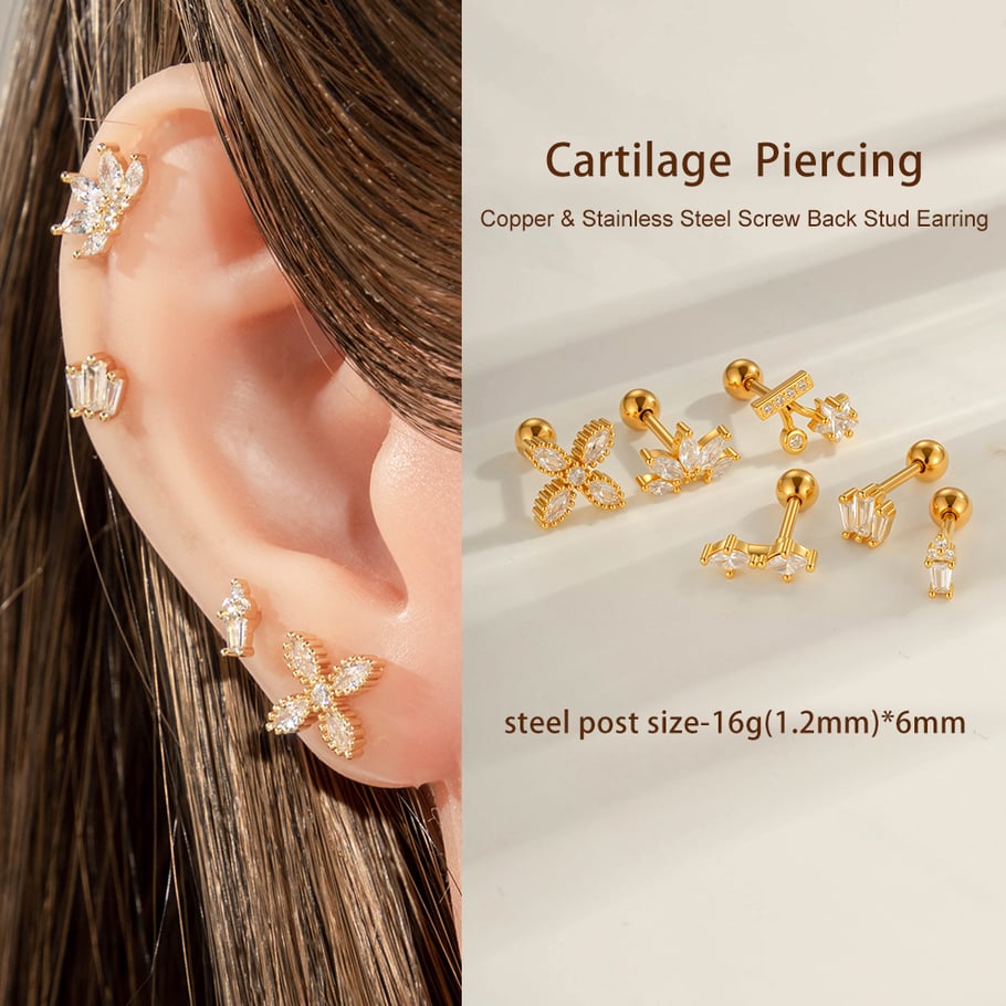 1 pendiente de perforación con circonitas de color cobre y dorado con forma de estrella Imagen4