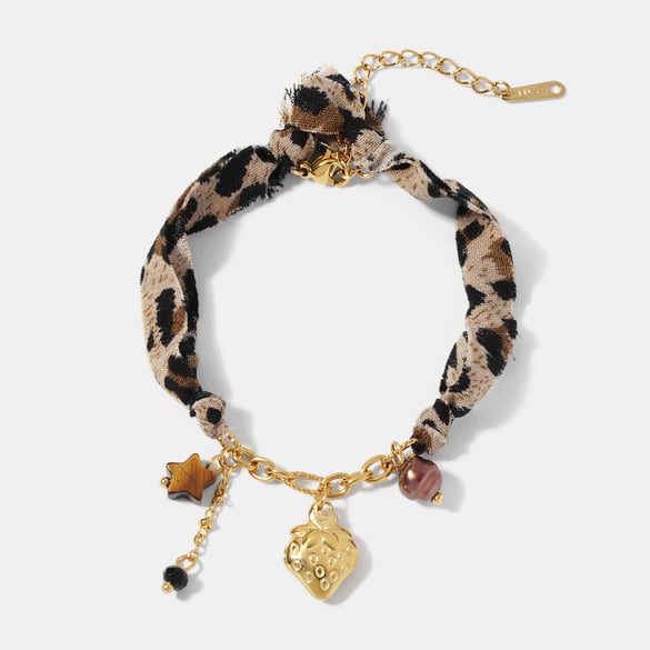 1 Stück Charm-Armband aus Edelstahl mit Leopardenmuster und Erdbeermotiv in Goldfarbe 2