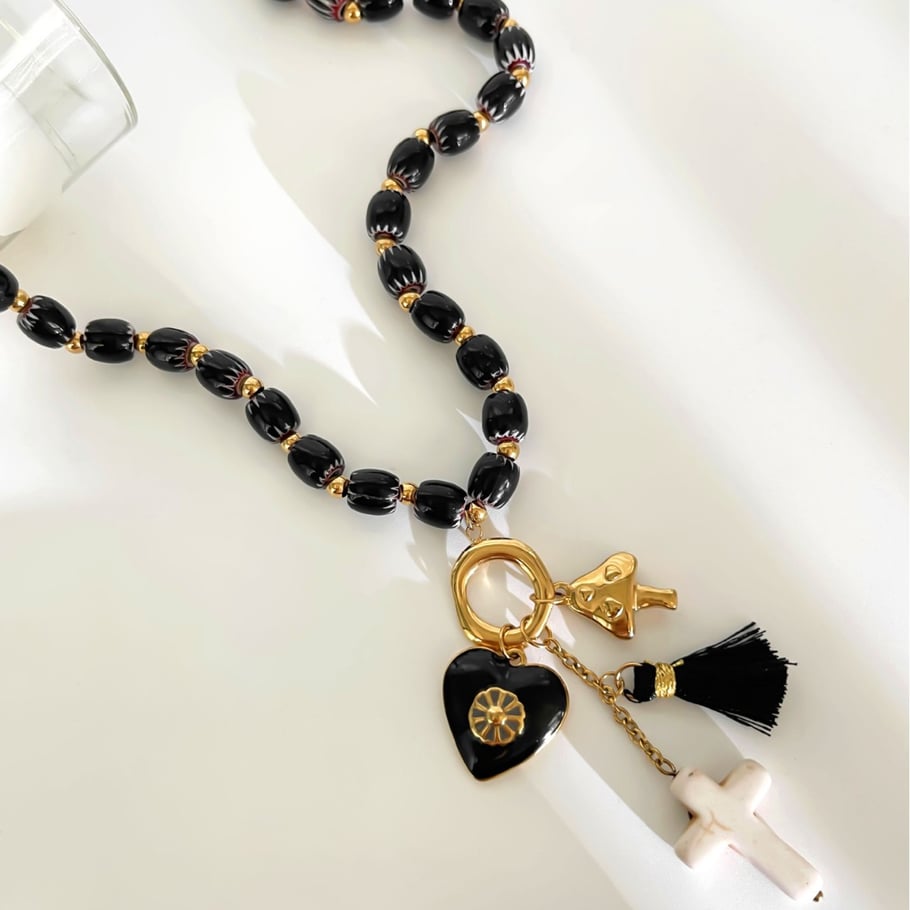 Collier de perles en acier inoxydable avec cœur rétro, 1 pièce Image5