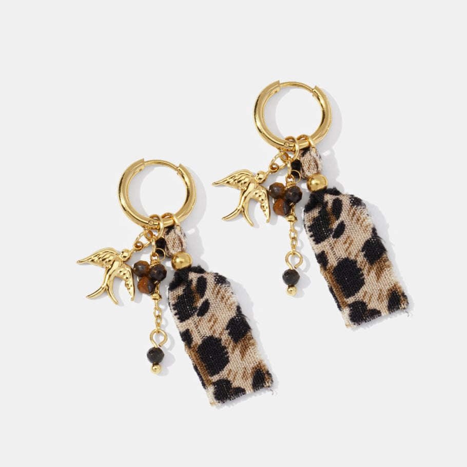 1 Pair Leopard Fabric Bird Stainless Steel Gold Color Drop Earrings 