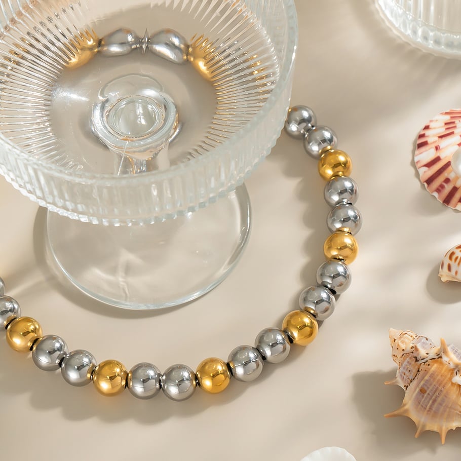Collier de perles de couleur mixte en acier inoxydable doré, 1 pièce Image3