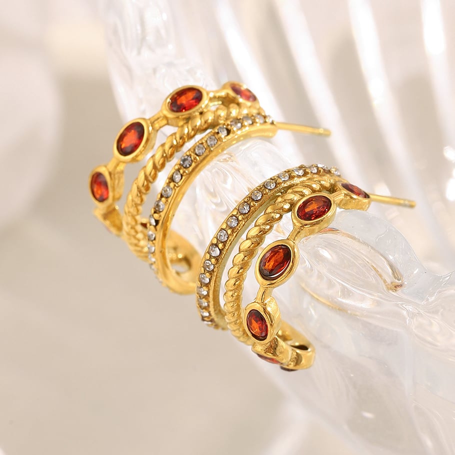 1 par de pendientes de aro clásicos de acero inoxidable con circonita roja en color dorado para mujer Imagen7