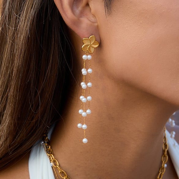 1 Pair Elegant Flower Tassel Stainless Steel Gold Color Women's Drop Earrings 2