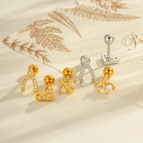 1 Stück Herz Kupfer Gold Farbe Zirkon Piercing Ohrring 2