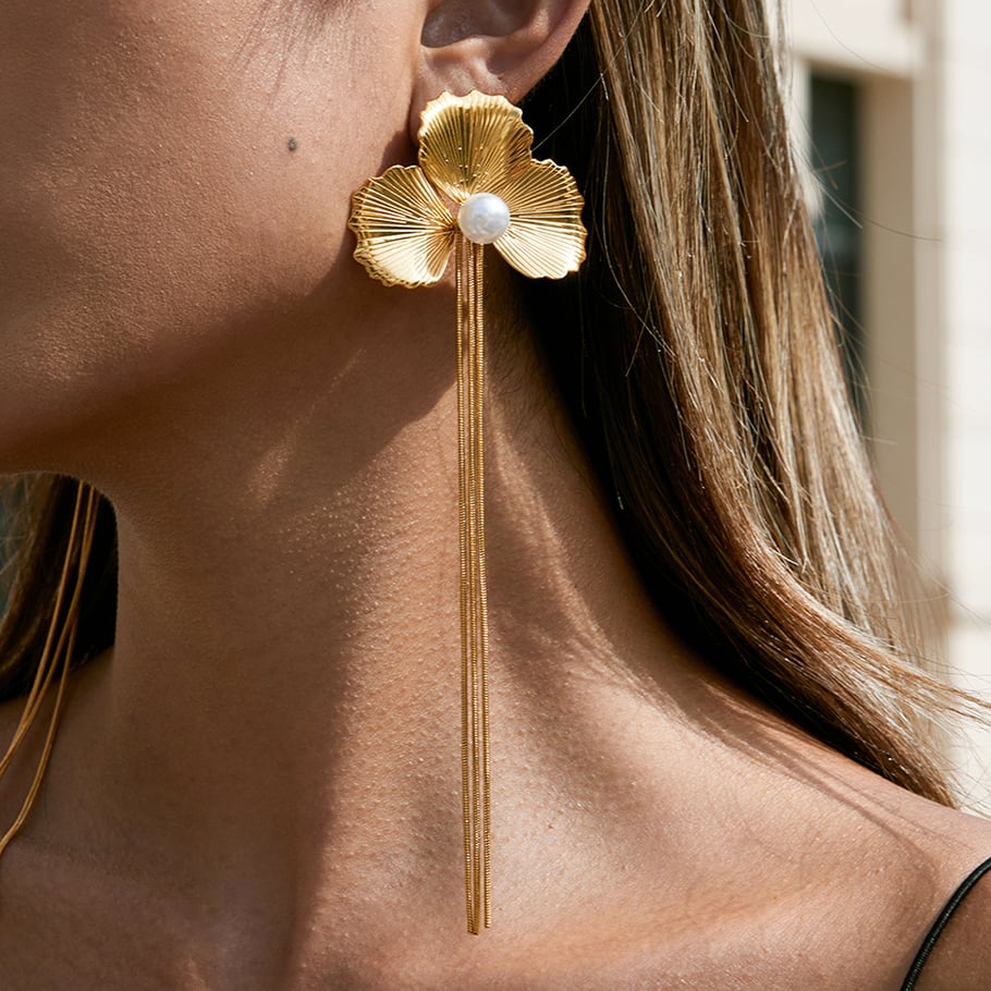1 Pair Elegant Flower Tassel Stainless Steel Gold Color Women's Dangle Earrings Picture4