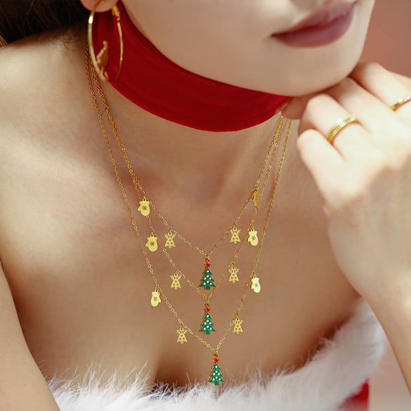 Colliers pendentifs pour femmes en acier inoxydable avec zircon couleur or et motif sapin de Noël