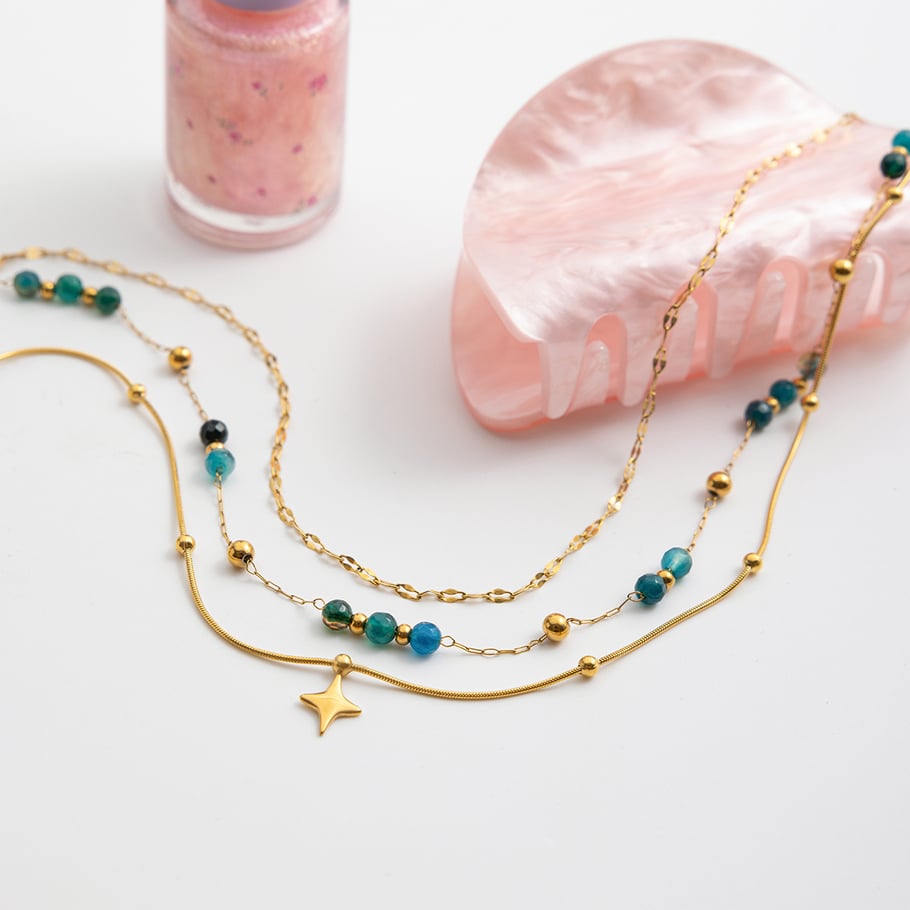 1 Piece Retro Beads Star Stainless Steel Gold Color Women's Layered Necklaces Picture7