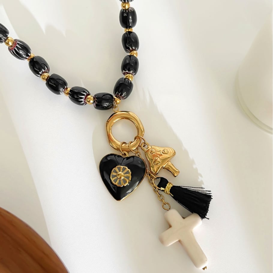 Collier de perles en acier inoxydable avec cœur rétro, 1 pièce Image4
