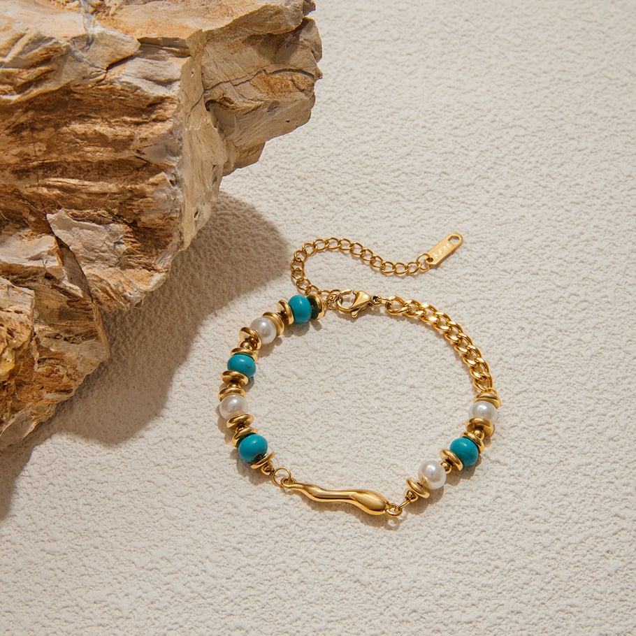 1 Piece Retro Calaite Beads Chain Stainless Steel Gold Color Women's Beaded Bracelets Picture8