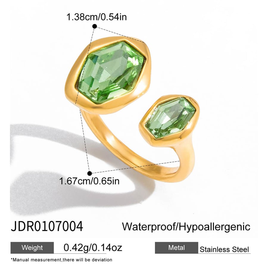 1 Piece Hexagon Green Shape Zircon Stainless Steel Gold Color Women's Gemstone Rings Picture2