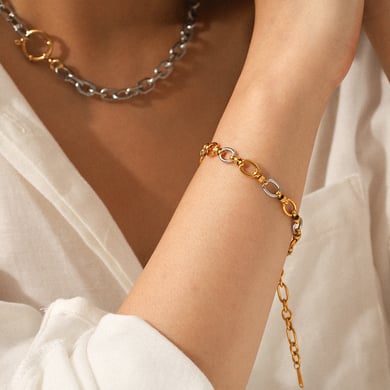 Pulsera de cadena de acero inoxidable para mujer, 1 pieza, colores dorado y plateado mixtos h5 Imagen3