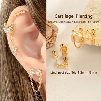 1 Parça Fiyonk Düğüm Bakır Altın Rengi Zirkonyum Piercing Küpe h5 Resim4