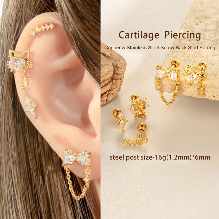 1 Parça Fiyonk Düğüm Bakır Altın Rengi Zirkonyum Piercing Küpe Resim4