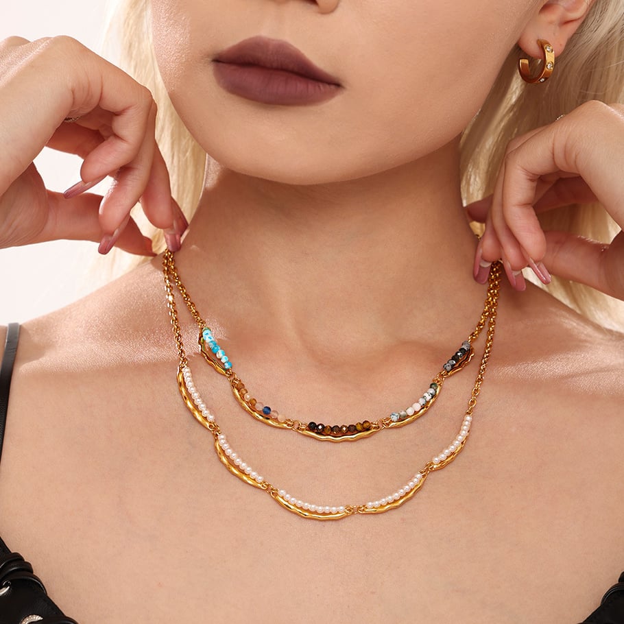 Unregelmäßige Form Edelstahl Gold Farbe Naturstein Damen Schmuck Sets Bild6