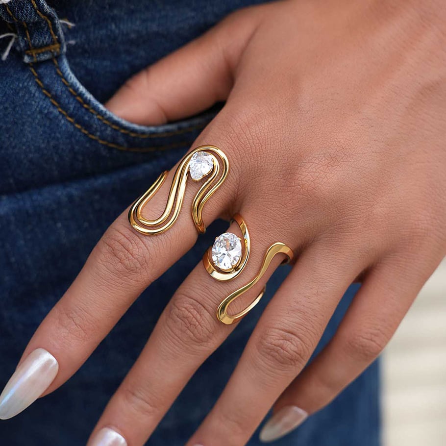 1 Piece Casual Irregular Shape Stainless Steel  Gold Color  Zircon Statement Rings Picture9