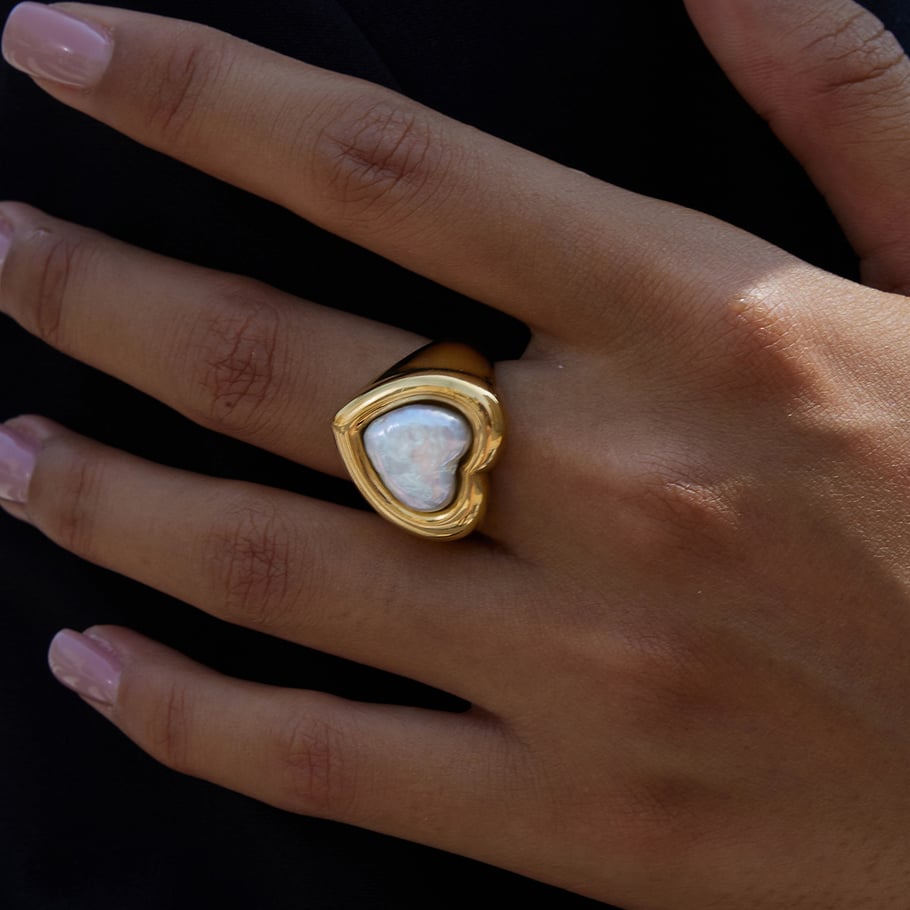 1 pezzo di anello romantico a forma di cuore con perla in acciaio inossidabile color oro Immagine3