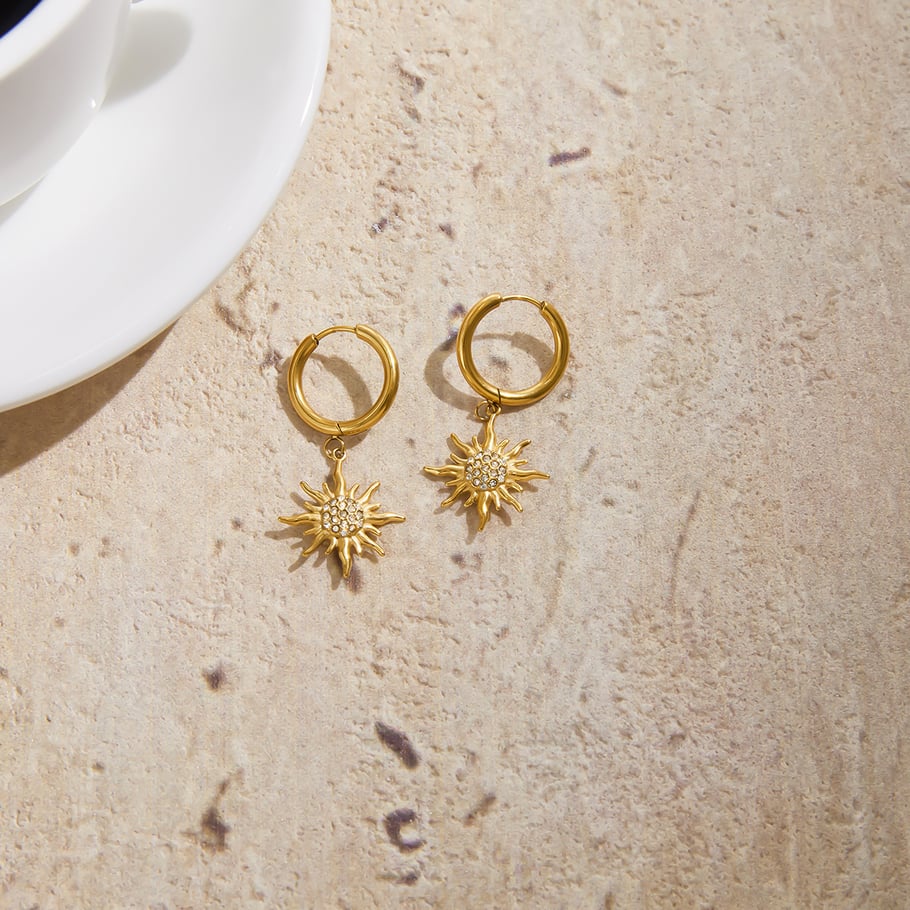 1 Pair Intricate Sun Stainless Steel Gold Color Women's Drop Earrings Picture6