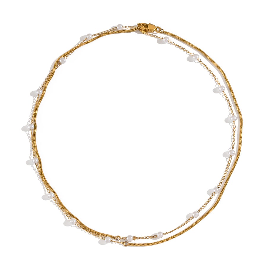 1 collar de perlas en capas de acero inoxidable color dorado Imagen6