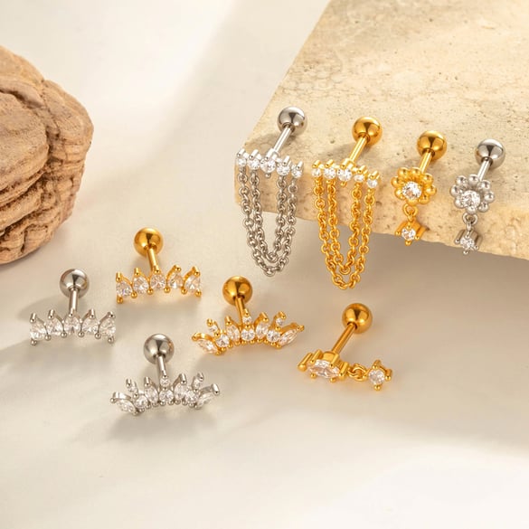 1 Adet Çiçek Bakır Altın Rengi Zirkonyum Piercing Küpe 2