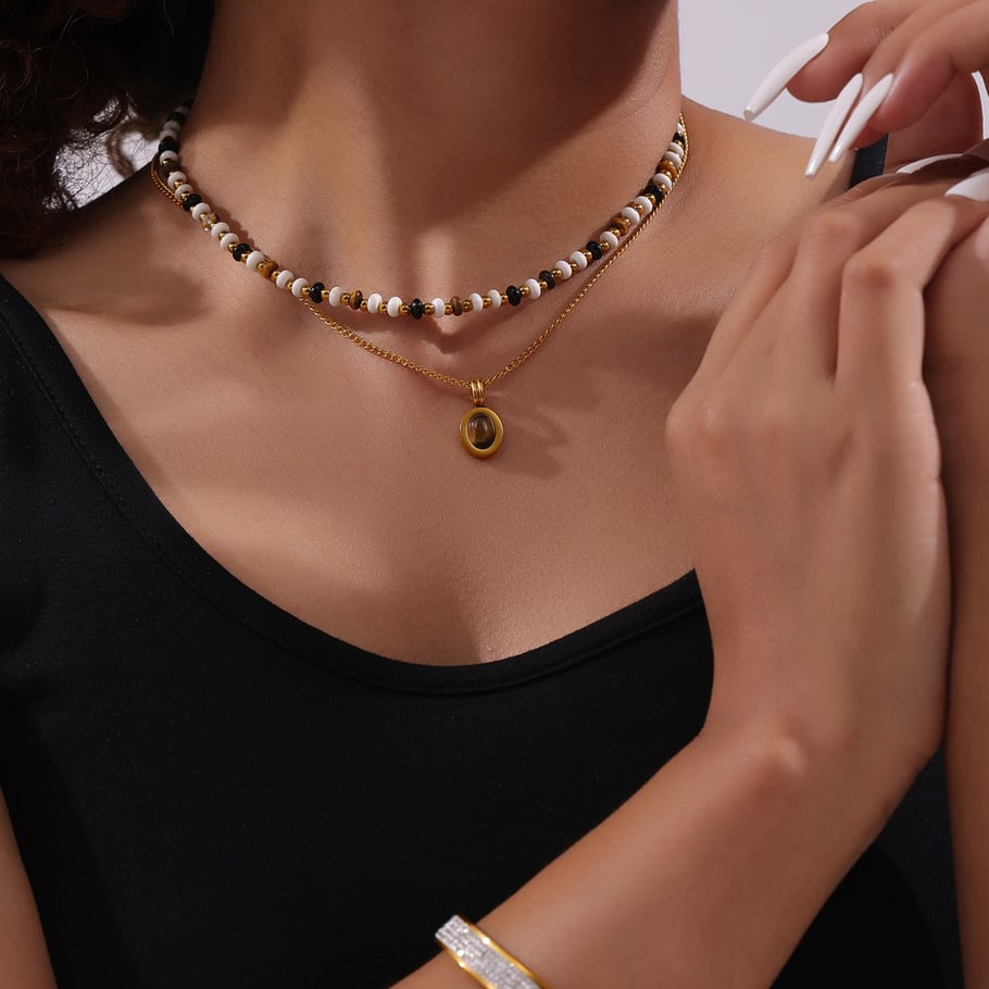 1 pezzo classico ovale in pietra naturale in acciaio inossidabile color oro, collane con perline da donna Immagine6