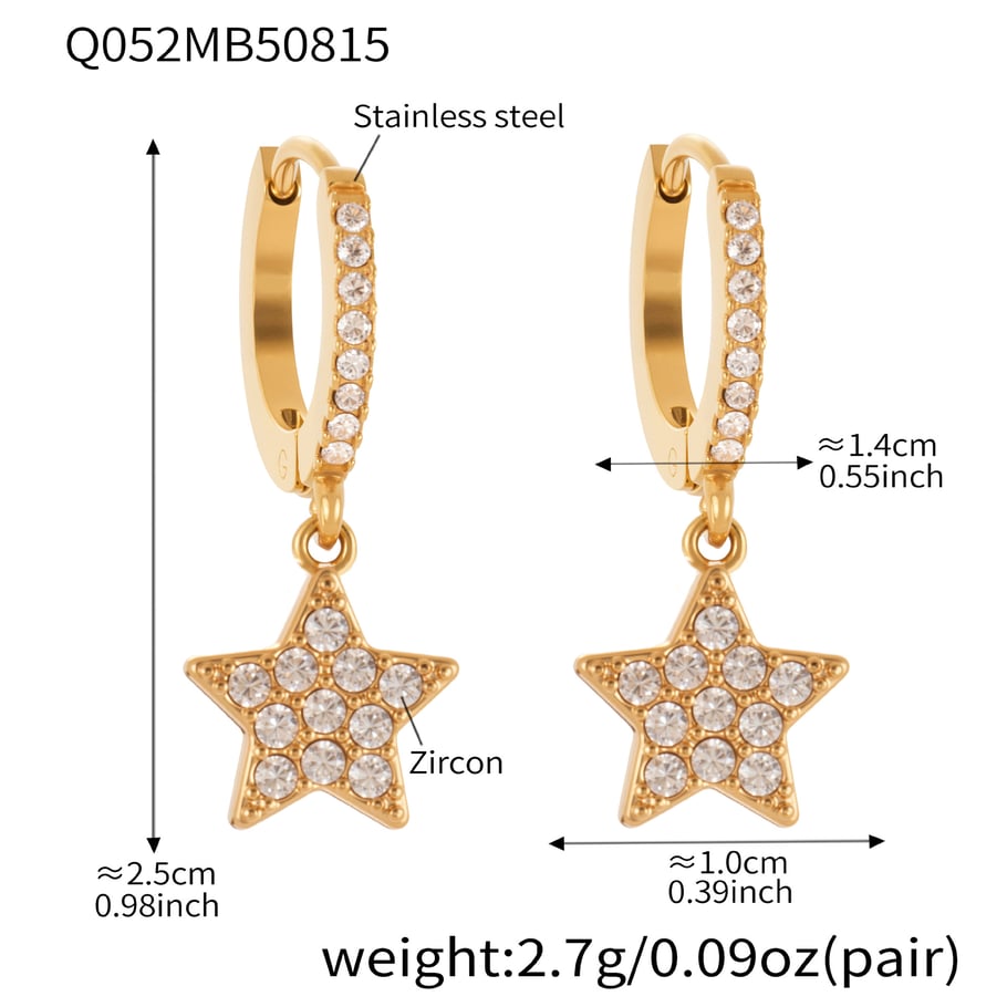 1 Pair Luxurious Star Shape Stainless Steel Gold Color Zircon Women's Drop Earrings