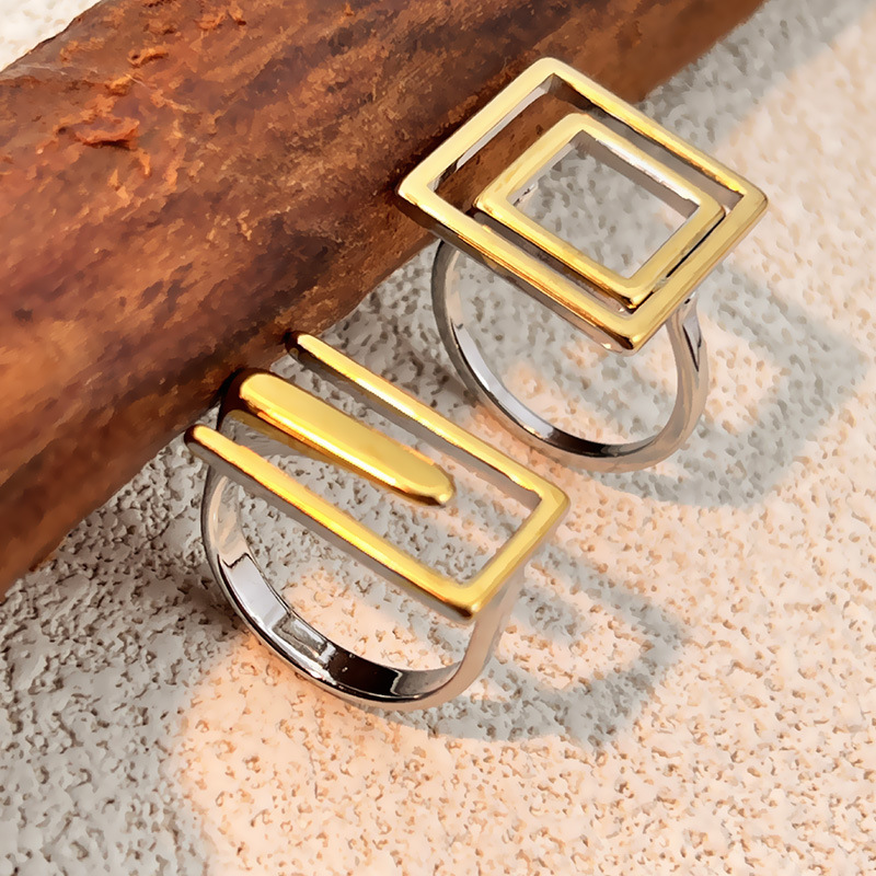 1 Piece Mixed Gold Rectangle Stainless Steel Statement Ring Picture2