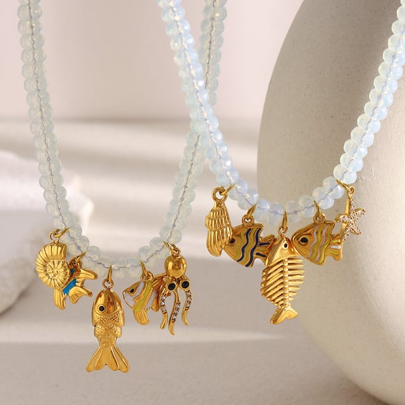 Collier élégant en acier inoxydable et pierre naturelle pour femme, 1 pièce, motif poisson 2