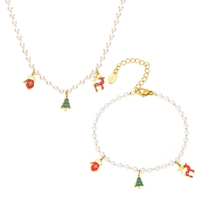 Lussuosi set di gioielli natalizi da donna in acciaio inossidabile color oro con perle artificiali h5 Immagine3