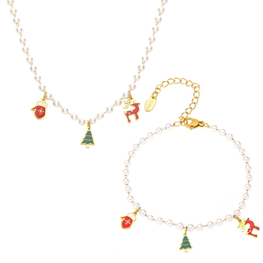 Lussuosi set di gioielli natalizi da donna in acciaio inossidabile color oro con perle artificiali Immagine3