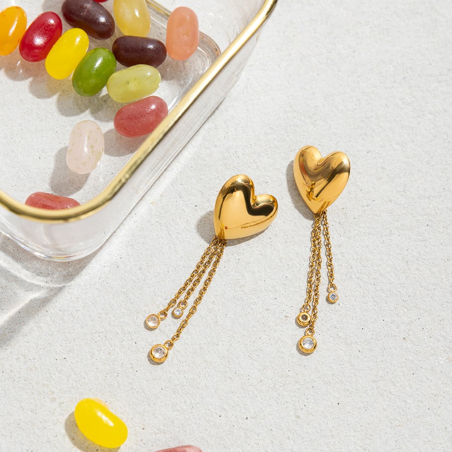 1 Pair Romantic Heart Tassel Stainless Steel Gold Color Women's Dangle Earrings h5Picture6