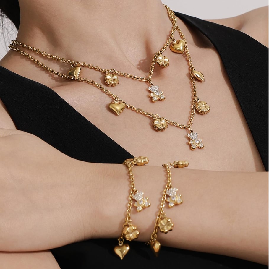 Cute Bear Clover Stainless Steel Gold Color Women's Jewelry Sets Picture2