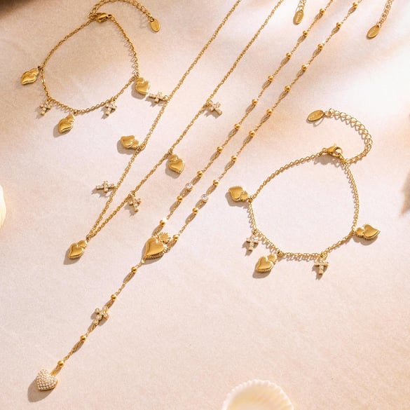 Romantic Series Heart Cross Stainless Steel Gold Color Women's Jewelry Sets