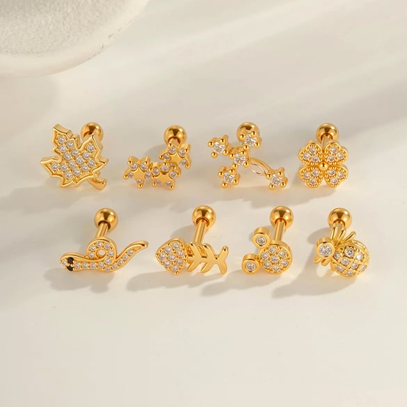 1 Piece Cross Copper Gold Color Zircon Piercing Earring 2