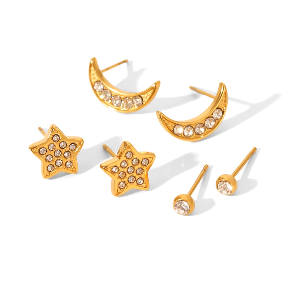 1 set di orecchini da donna di lusso in acciaio inossidabile con stella e luna color oro e zirconi 