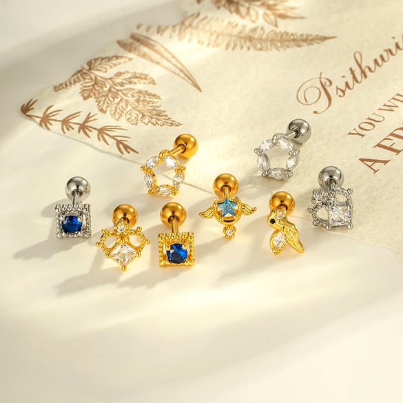 Boucle d&#39;oreille piercing en forme de cœur, étoile, cuivre, or et zircon 2