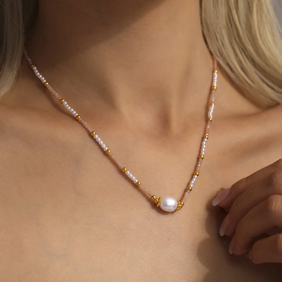 1 pezzo di collana classica in acciaio inossidabile color oro con pietra naturale da donna Immagine3