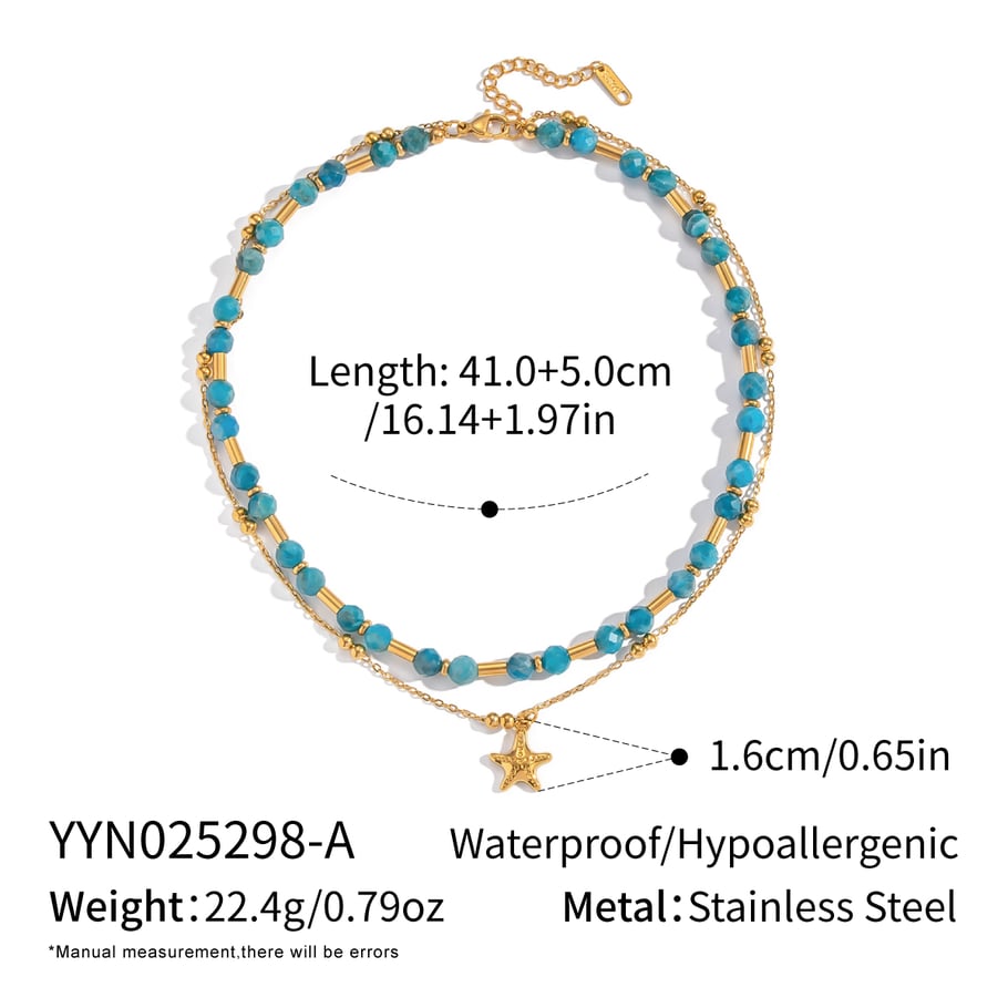 Collier de perles en pierre naturelle couleur or en acier inoxydable, 1 pièce 
