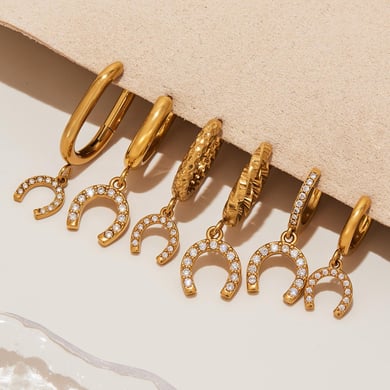 1 Pair Luxurious Horseshoe-shaped Stainless Steel Gold Color Zircon Women's Drop Earrings h5 Picture4