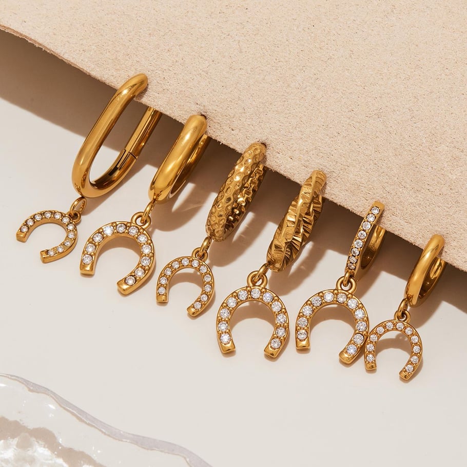 1 Pair Luxurious Horseshoe-shaped Stainless Steel Gold Color Zircon Women's Drop Earrings Picture4