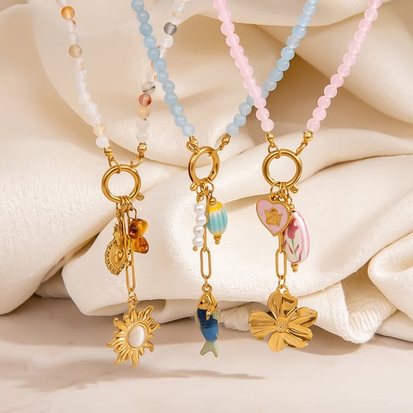 1 Stück süße Blume Sonne Fisch Edelstahl Gold Farbe Damen Perlen Halsketten 2