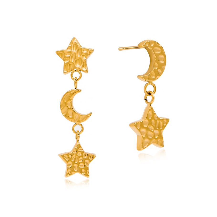 1 Pair Classic Star&Moon Stainless Steel Gold Color Women's Drop Earrings 