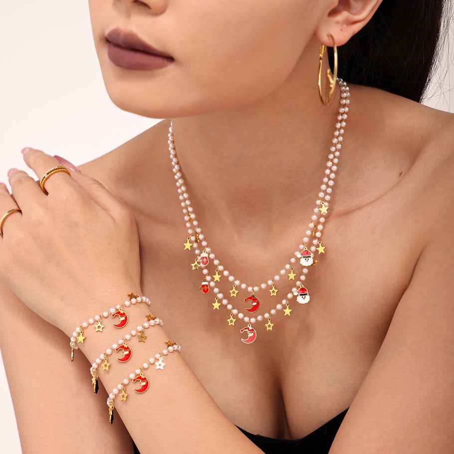 Set di gioielli da donna con conchiglia color oro e guanto di Natale in acciaio inossidabile Immagine5