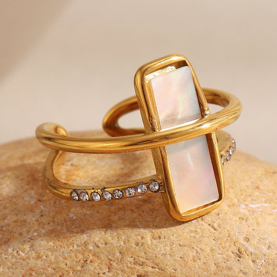 1 Piece Elegant Rectangular Stainless Steel Gold Color Shell Statement Rings Picture3