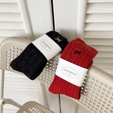 1 paire de chaussettes mi-mollet en coton pour femme avec nœud de couleur unie h5 Image3