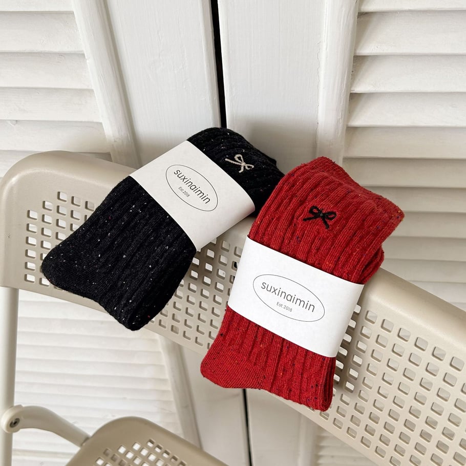 1 paire de chaussettes mi-mollet en coton pour femme avec nœud de couleur unie Image3