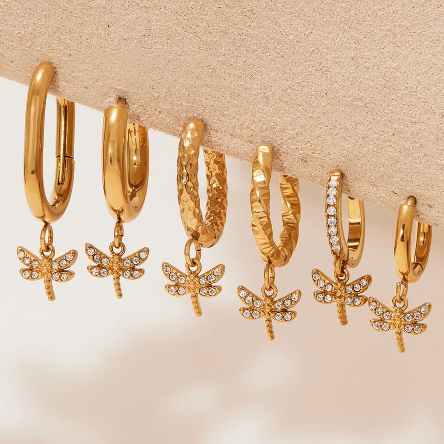 1 Pair Exquisite Dragonfly Stainless Steel Gold Color Zircon Women's Drop Earrings Picture6