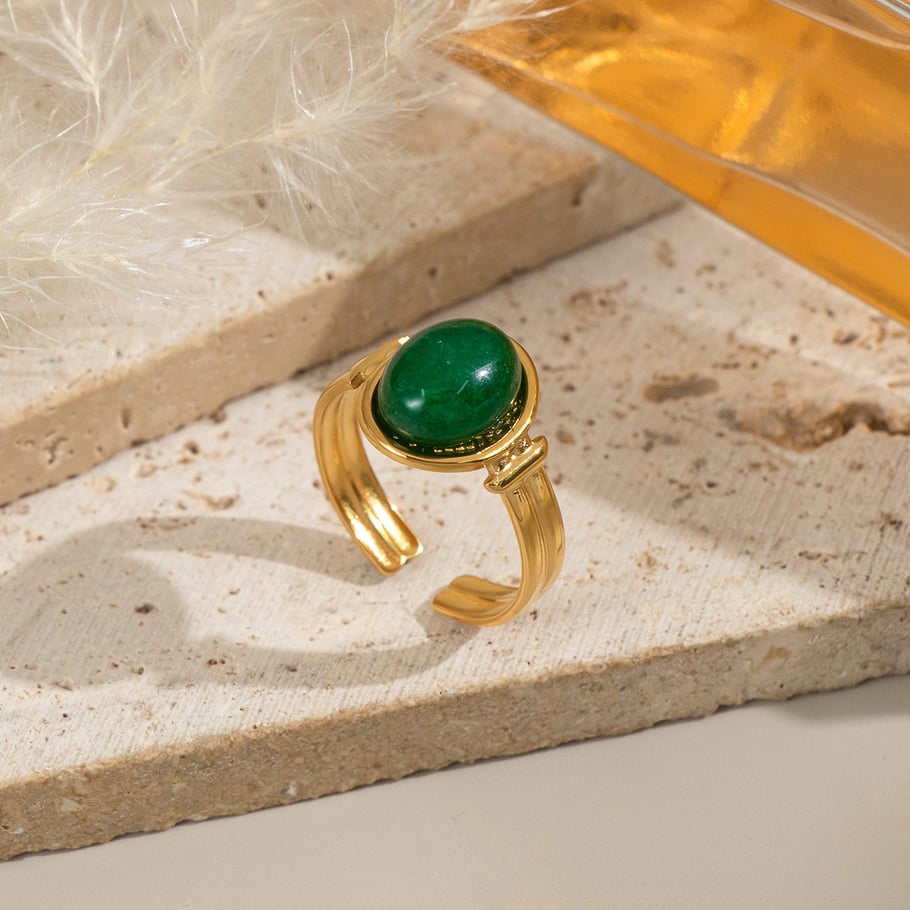 1 Piece Retro Circle Stainless Steel Gold Color Natural Stone Women's Gemstone Rings Picture3