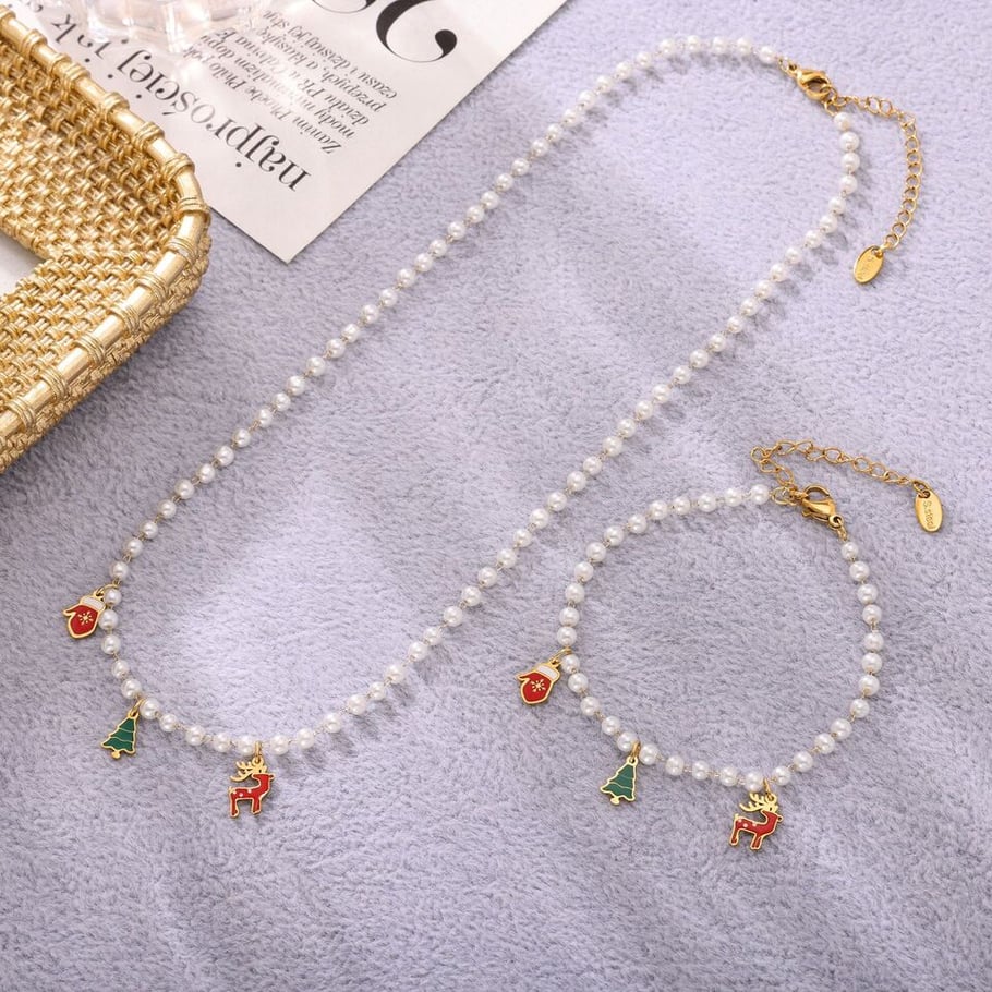 Lussuosi set di gioielli natalizi da donna in acciaio inossidabile color oro con perle artificiali Immagine5