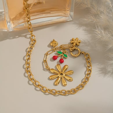 Set di collane in acciaio inossidabile color oro con fiore romantico e ciliegia h5 Immagine4
